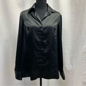 Jones New York collection black satin long sleeve button front blouse stretch 14